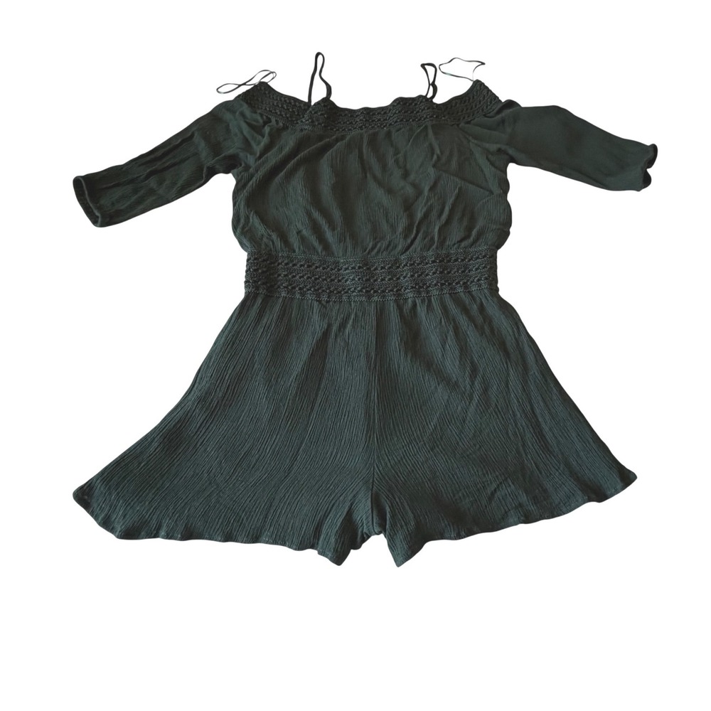 Purple Snow Women Forest Green Crochet Trim Off Shoulder Romper Size L